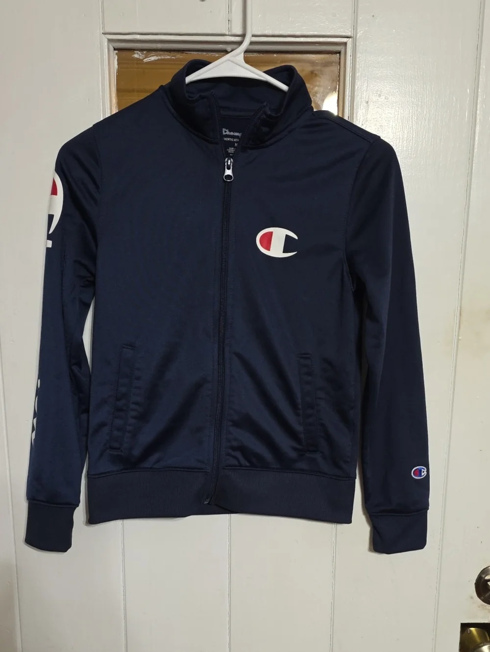 Champion Boys Youth Navy Track Jacket Red & White Logo Zips Athletic Sz M EUC